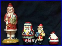 Miniature Santas Two Ceramic, 1 Clay, 1 Santa Nesting Doll Set of 4