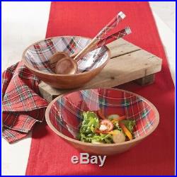 Mud Pie H9 Classic Christmas Dining Tartan Mango Wood Bowl 2pc Set 4604050