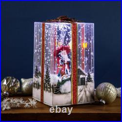 Musical Santa Lighted Snowing Gift Box with Ribbon Christmas Decoration 12 In Musical Santa Lighted Snowing Gift Box with Ribbon Christmas Decoration 12 In