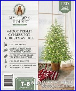 My Texas House 4FT Pre-Lit Cypress Pot Artificial Christmas Tree 4 Foot NEW