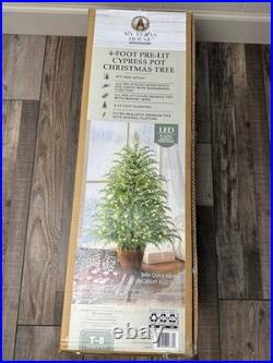 My Texas House 4FT Pre-Lit Cypress Pot Artificial Christmas Tree Warm White NEW