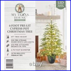 My Texas House Potted 4FT Pre-Lit Cypress Artificial Christmas Tree 100 Lights
