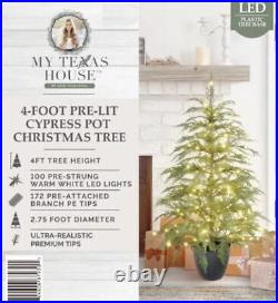 My Texas House Potted 4' Pre-Lit Cypress Artificial Christmas Tree 100 LED