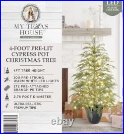 My Texas House Potted 4' Pre-Lit Cypress Artificial Christmas Tree 100 LED NEW