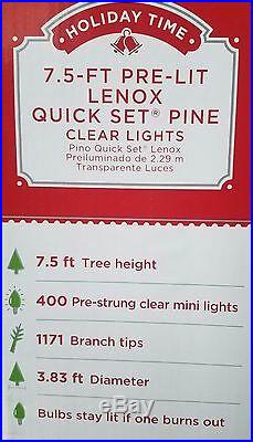 NEW 7.5 FT PreLit Lenox Quick Set White Pine Christmas Tree Clear Lights FLOCKED