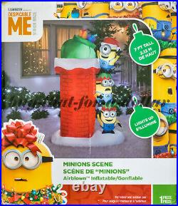 NEW 7′ ft Inflatable Minions-Airblown-Santa-Presents-Chimney-Christmas-Minion