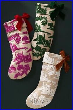 NEW Anthropologie Dorsey Stocking Christmas Green & Pink Toile Velvet Bow Set/2