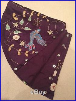 NEW Anthropologie Gold Stitched Flora Birds Purple Christmas Tree Skirt