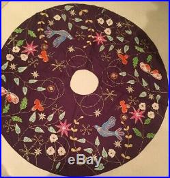NEW Anthropologie Gold Stitched Flora Birds Purple Christmas Tree Skirt