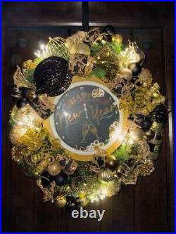 NEW Happy New Year LED Wreath, New Years Eve LED Wreath, Black and Gold Decor