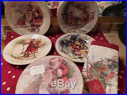 NEW NIB CHRISTMAS S/ 8 Pottery Barn NOSTALGIC SANTA SALAD PLATES ++ RUNNER