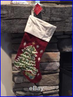 NEW Pottery Barn Crewel Embroidered Christmas TREE Holiday Stocking Red