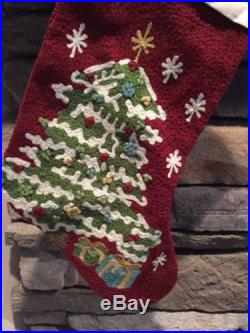 NEW Pottery Barn Crewel Embroidered Christmas TREE Holiday Stocking Red
