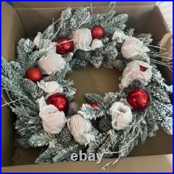 NEW Pottery Barn Lit Faux Frosted Pine & Red Ornaments Wreath Christmas 28 Red