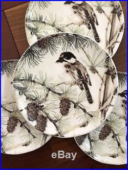 NEW Pottery Barn S/4 SNOW PINE BIRD Salad PLATES CHRISTMAS WINTER SOLD OUT