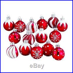 NEW Red & White Decorated Glass Ball Ornament set of 15 Christmas Decoration