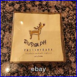 NEW S/9 Pottery barn Reindeer Cloth Embroidered COCKTAIL napkin IN BOX