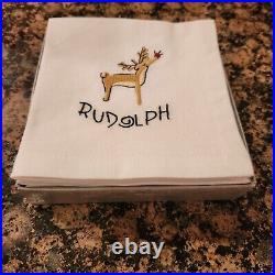 NEW S/9 Pottery barn Reindeer Cloth Embroidered COCKTAIL napkin IN BOX