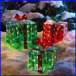 NEW Set of 3 CHRISTMAS LIGHTED GIFT BOXES Holiday Decor RED GREEN Indoor Outdoor