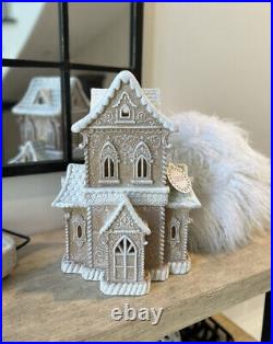 NEW Victorian Gingerbread House Decor Lighted, White/Brown Glitter Christmas TJX