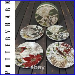 NEW Vintage Y2K Pottery Barn Christmas Songbird Floral Set 4 8.25 Plates Boxed