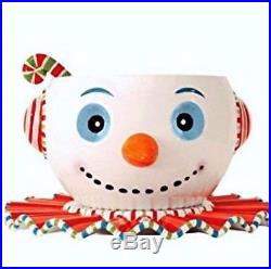 Nib 3 Pc Glitterville Christmas Snowman Ceramic Punch Bowl Set Ladle Large