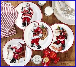 NIB Pottery Barn S/8 PAINTED SANTA CLAUS 4 SALAD & 4 DINNER Plates CHRISTMAS
