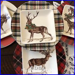 NIB Pottery Barn S/8 SILLY STAG & ALPINE PLAID PLATES 4 Appetizer & 4 Salad