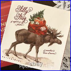 NIB Pottery Barn S/8 SILLY STAG & ALPINE PLAID PLATES 4 Appetizer & 4 Salad