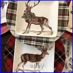 NIB Pottery Barn S/8 SILLY STAG & ALPINE PLAID PLATES 4 Appetizer & 4 Salad