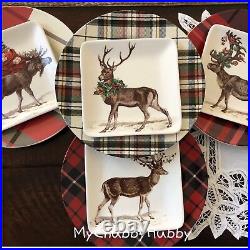 NIB Pottery Barn S/8 SILLY STAG & ALPINE PLAID PLATES 4 Appetizer & 4 Salad