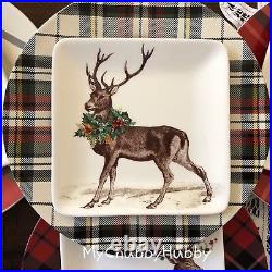 NIB Pottery Barn S/8 SILLY STAG & ALPINE PLAID PLATES 4 Appetizer & 4 Salad