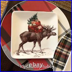 NIB Pottery Barn S/8 SILLY STAG & ALPINE PLAID PLATES 4 Appetizer & 4 Salad