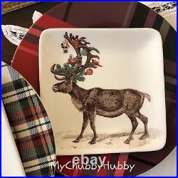 NIB Pottery Barn S/8 SILLY STAG & ALPINE PLAID PLATES 4 Appetizer & 4 Salad