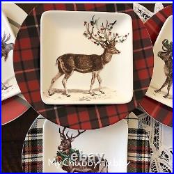 NIB Pottery Barn S/8 SILLY STAG & ALPINE PLAID PLATES 4 Appetizer & 4 Salad