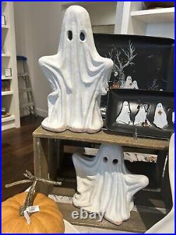 NIB S/2 Pottery Barn Handcrafted Ceramic SHORT & TALL Ghost Luminary Halloween