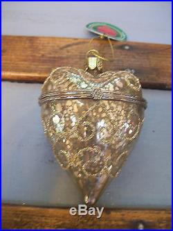 NWT 3.5 GOLD Scroll Glitter Mercury GLASS Hinged HEART Box CHRISTMAS Ornament