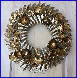NWT Anthropologie Brass Metal Hammered Floral Garland Door Wreath 24 RD