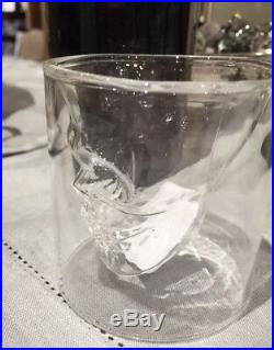 NWT Pottery Barn 5Pc SKULL Glass DECANTER & 4 Shot GLASS Set HALLOWEEN