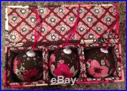 NWT Vera Bradley Christmas Glass Ornaments Trio 3 Mocha Rouge Keepsake Box Set