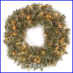 National Tree 30 Inch Glittery Bristle Pine Wreath with 50 Clear Lights GB3-300