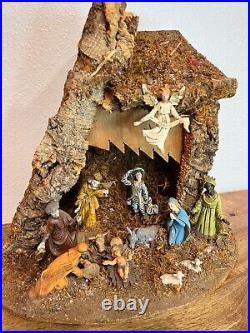Nativity Set Manger 12 Figurines Made In Italy 1960's withWood, Tree Bark A1223