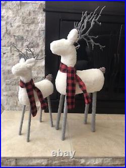 New 2 Pottery Barn White Sherpa/Teddy Plaid Scarf Reindeer Christmas Med/Large