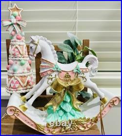 New 34th & Pine Aqua Pink Rocking Horse & Candy Tree Christmas Figurine SET