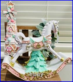 New 34th & Pine Aqua Pink Rocking Horse & Candy Tree Christmas Figurine SET