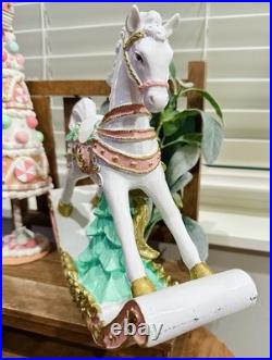 New 34th & Pine Aqua Pink Rocking Horse & Candy Tree Christmas Figurine SET