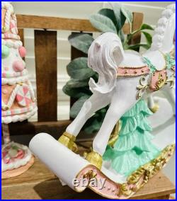 New 34th & Pine Aqua Pink Rocking Horse & Candy Tree Christmas Figurine SET