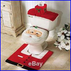 New 3Pcs Merry Christmas Decoration Santa Toilet Seat Cover & Rug Bathroom Set