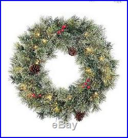 New 5 pc Pre Lit Christmas Decoration Set Garland 2 Topiary Trees 2 Wreaths