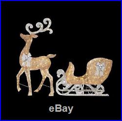 New 65 in. LED Gold Reindeer and 46 in. LED Lighted Gold Sleigh with Silver Bows